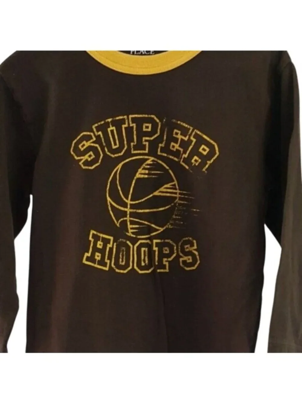 Children's Place Boys Super Hoops Basketball T Shirt Brown XS Long Sleeve Crew